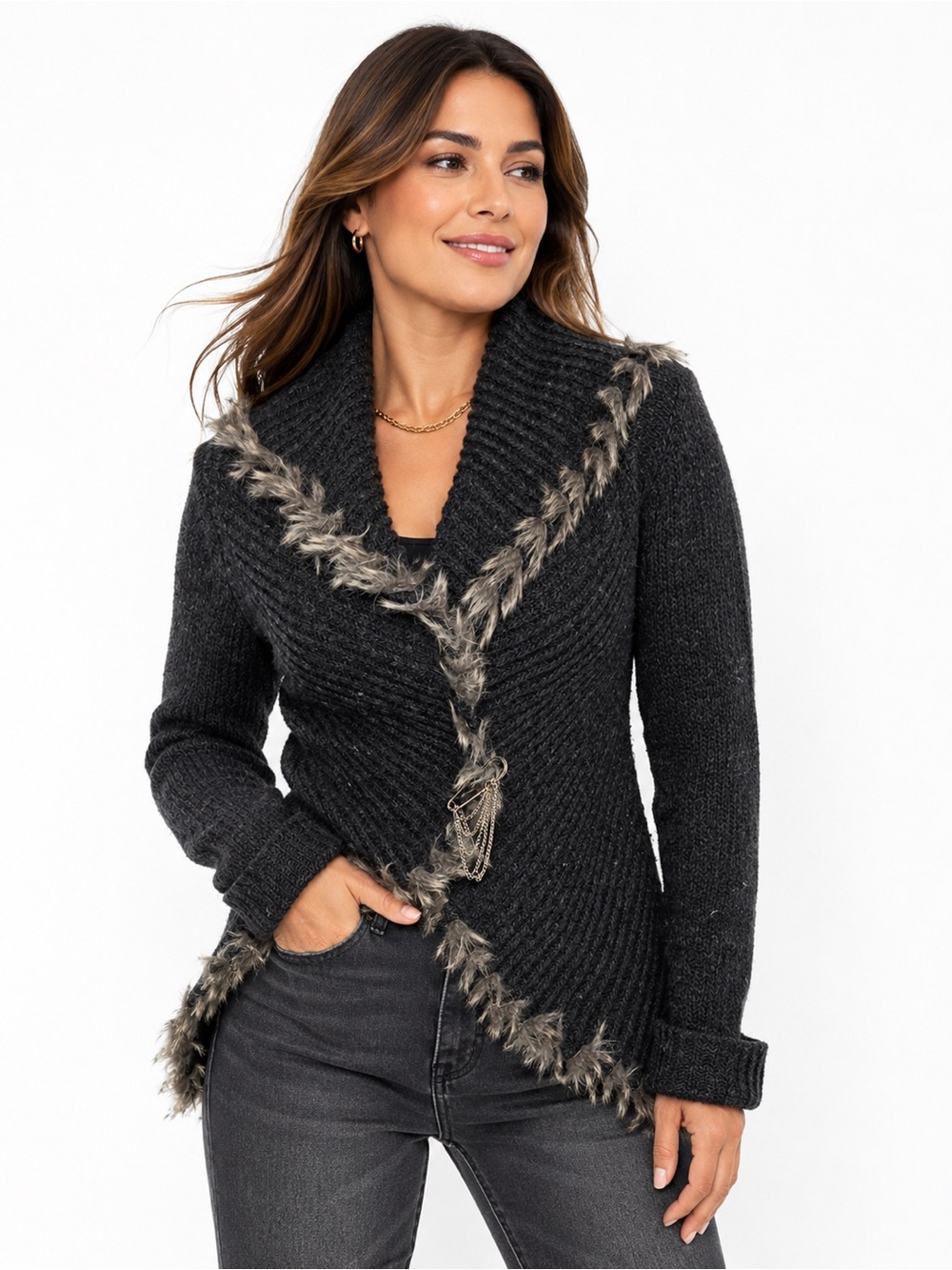 Caché Gray Faux Fur Trim Wool Blend Open Front Cardigan Medium - 630